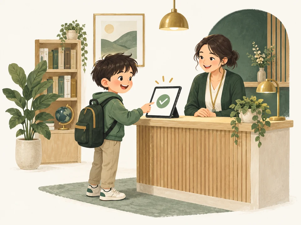 A smiling child checking in on a tablet at a welcoming tutoring center reception desk