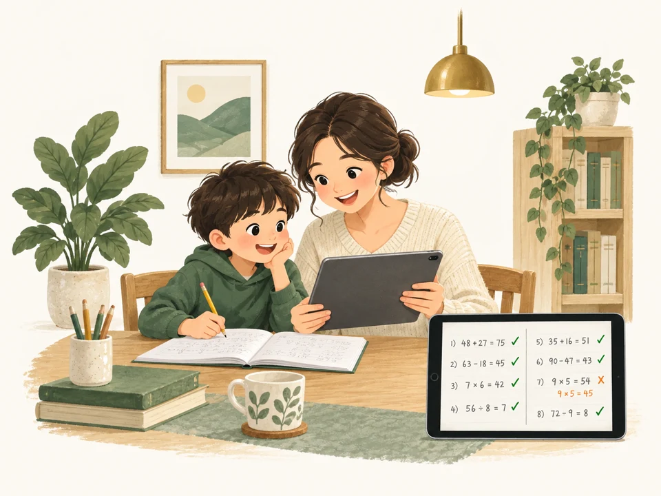 A mother holding an iPad helping her child with homework, with a corner inset showing marked math answers on an iPad