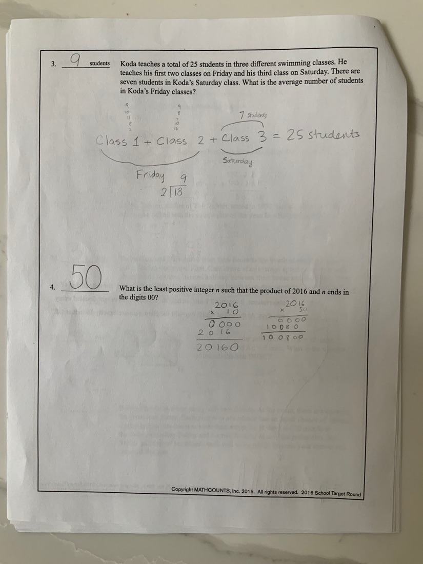 Two MATHCOUNTS Target Round pages, problems 1 to 4, with diagrams and long working drawn around each problem. Page 2.