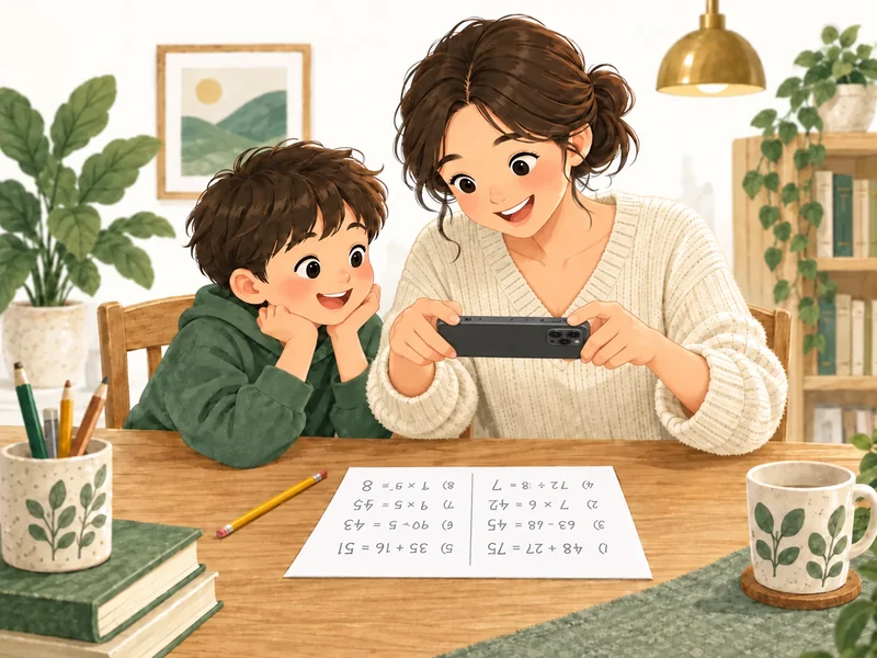 A parent photographs a completed worksheet with a phone.