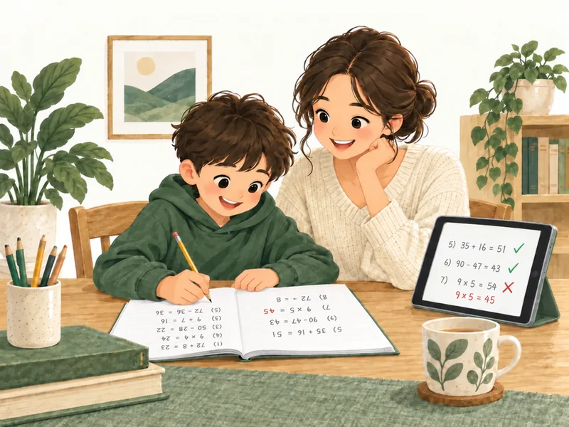 A student revises the paper homework with a parent nearby.