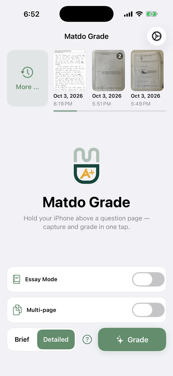 Matdo Grade home screen with capture and grading controls